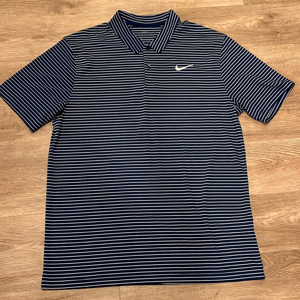 Nike Men's Blue and White Striped Polo Shirt